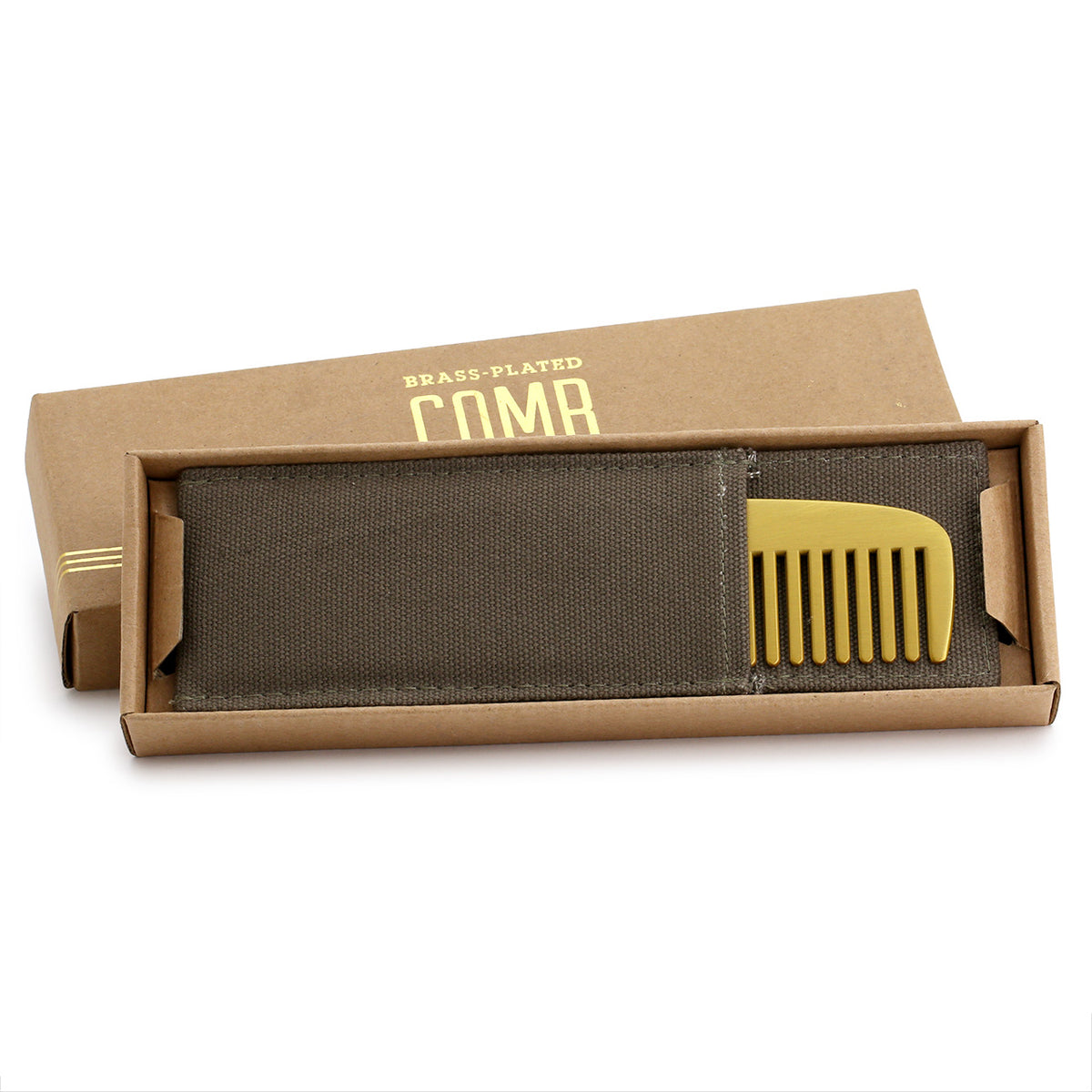 Brass &quot;Get it together&quot; comb in mid-grey canvas sheath and presentation box with lid