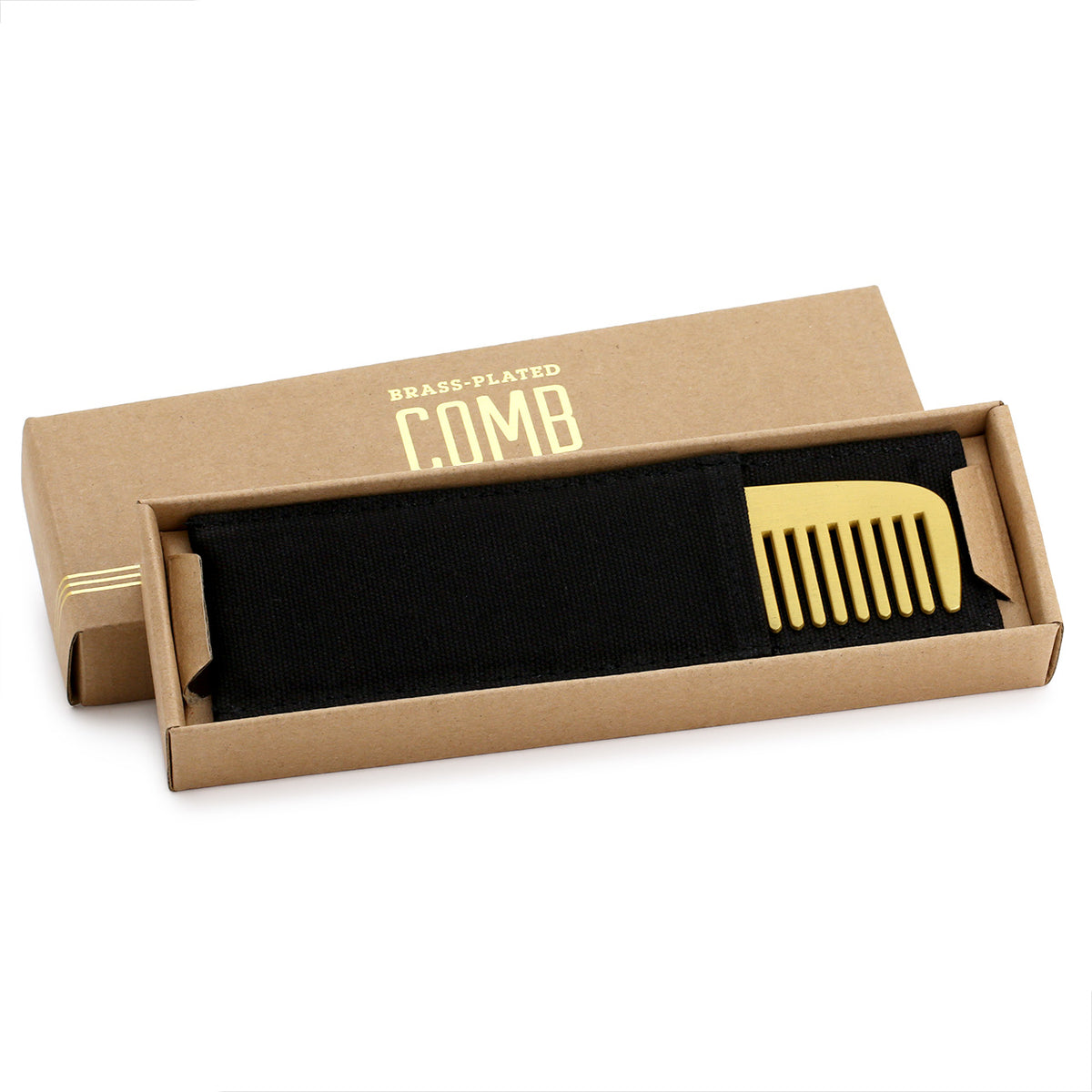 Brass &quot;Fine and Dandy&quot; comb in black canvas sheath and presentation box with lid