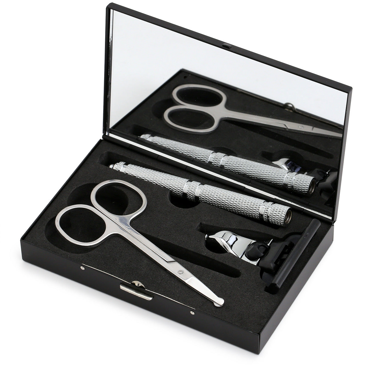 Izola travel set with cartridge razor, blunt-nosed scissors and mirror-lidded case
