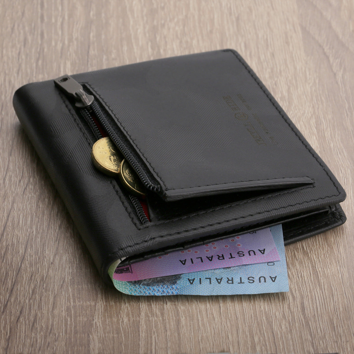 Jekyll and Hyde Slim Bifold wallet with Coin pouch on table- Havana Camo colour