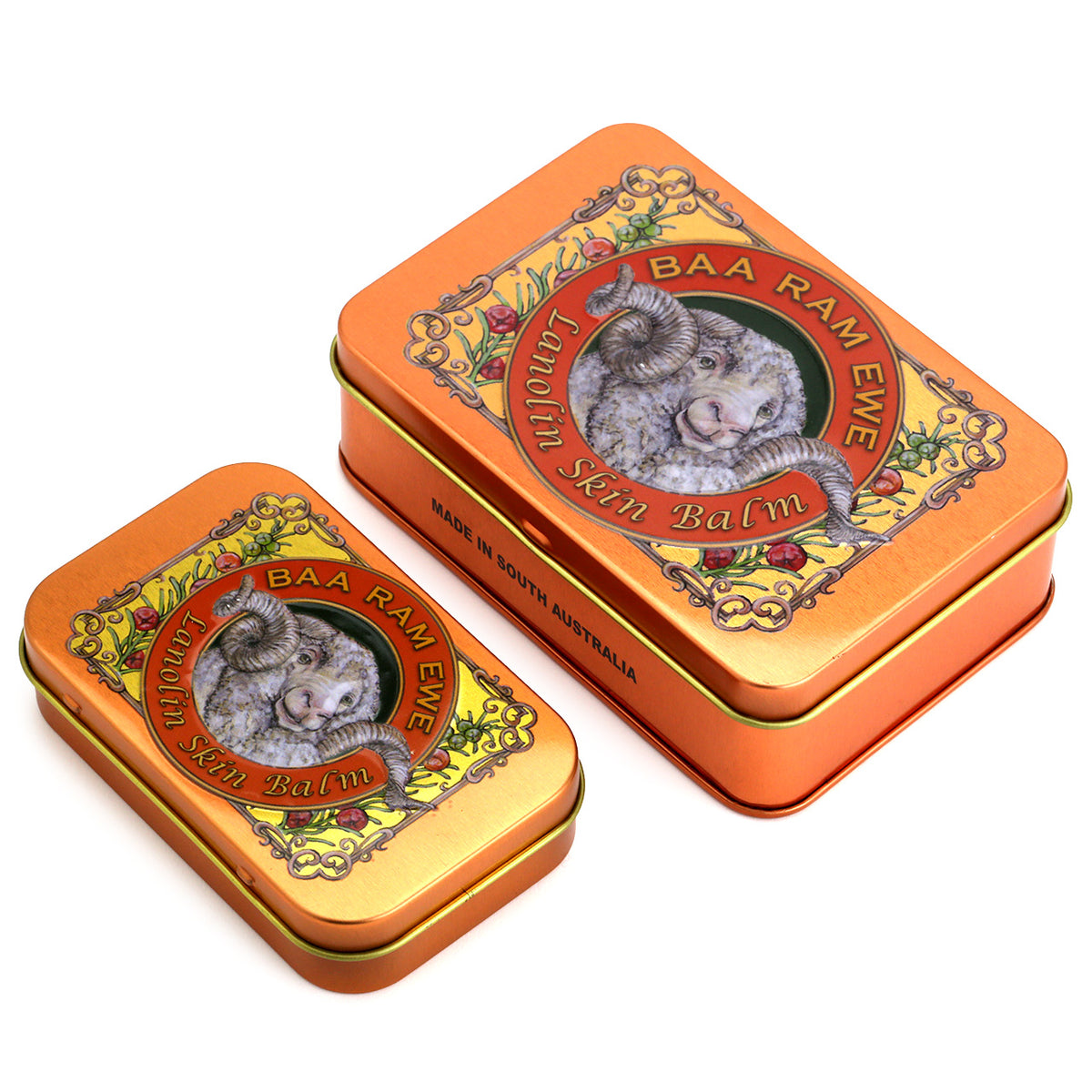 Lucamar Lanolin Skin Balm in copper coloured tins - comparison view of 120g and 50g tins, Baa Ram Ewe