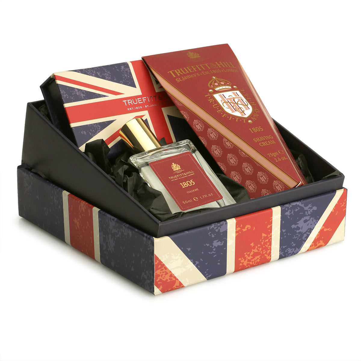 Giftbox covered in the Union-Jack containing 1805 Cologne, 1805 Shaving Cream and the Truefitt &amp; Hill Keyring