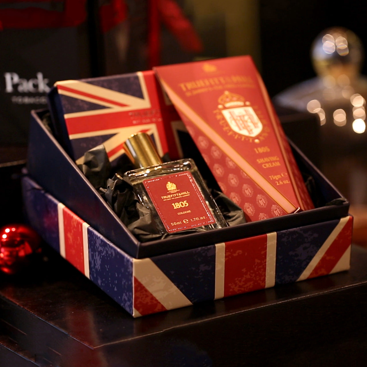 Giftbox covered in the Union-Jack containing 1805 Cologne, 1805 Shaving Cream and the Truefitt & Hill Keyring