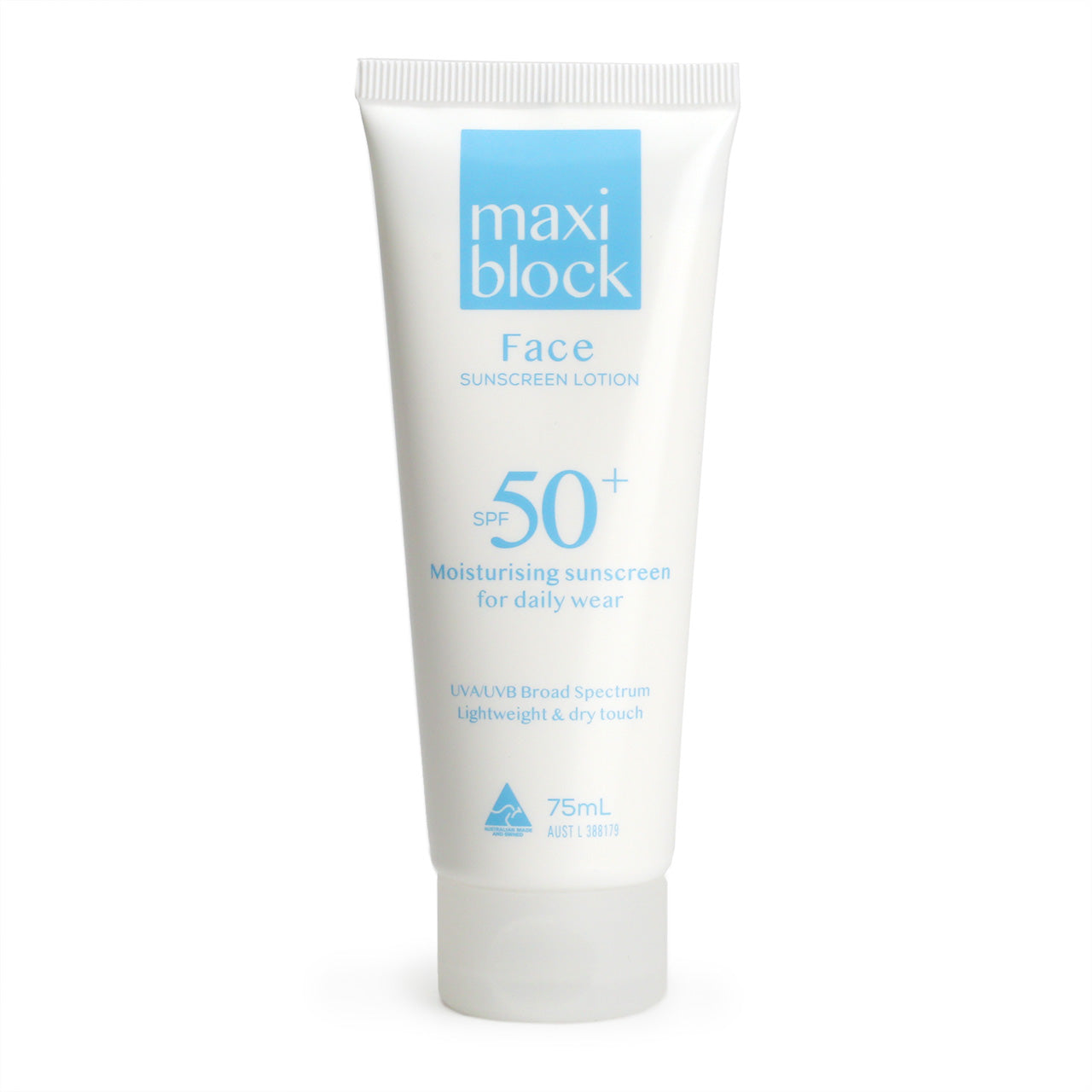 Maxiblock Face Sunscreen Lotion in white tube 75ml