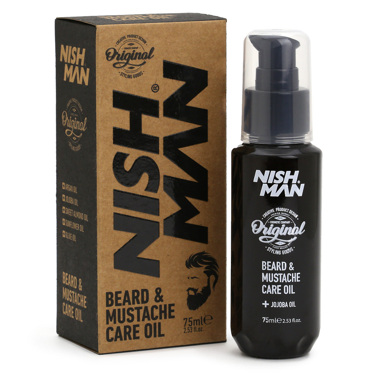 NishMan Beard & Mustache Care Oil 75ml bottle and kraft packaging
