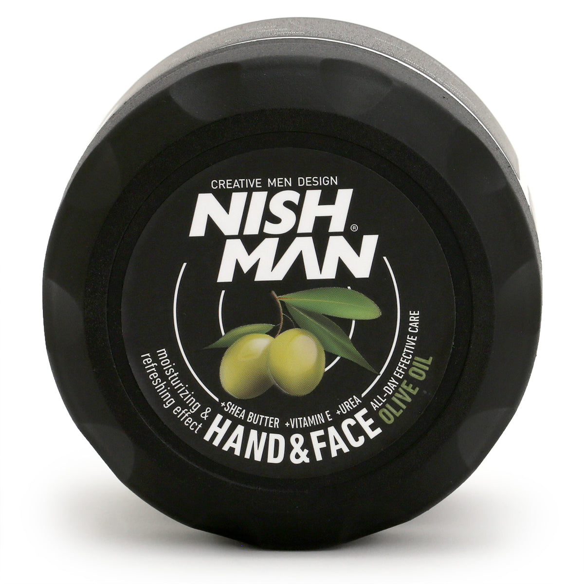 Nishman Hand and Face Cream in sturdy black and white tub. top view