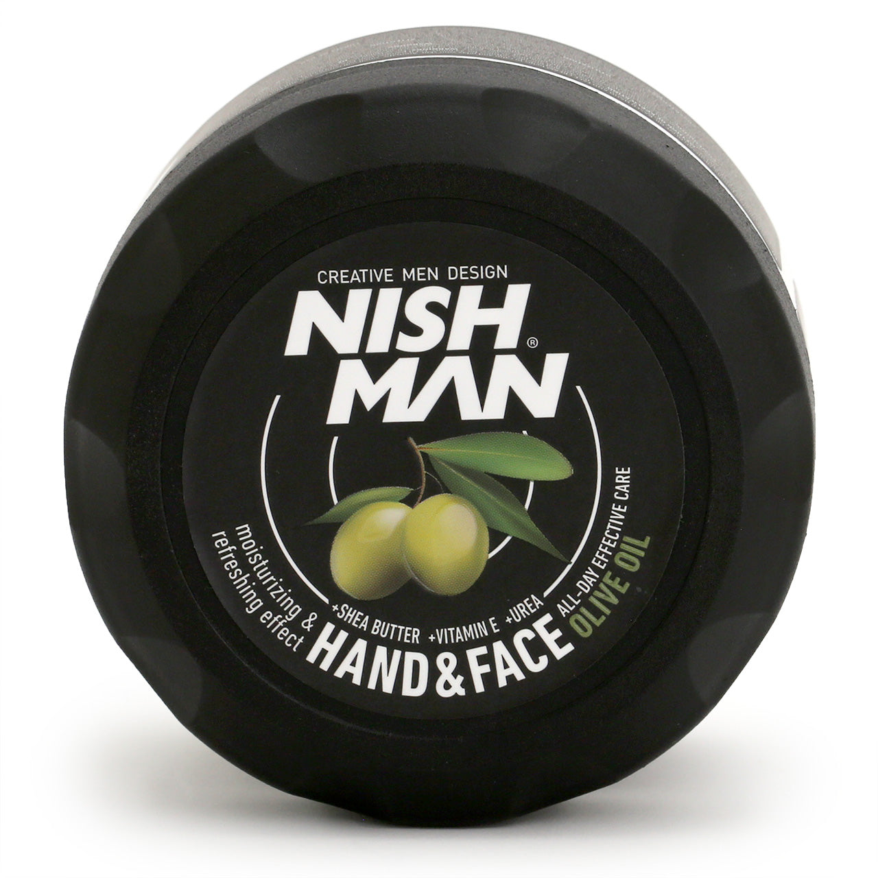 Nishman Hand and Face Cream in sturdy black and white tub. top view