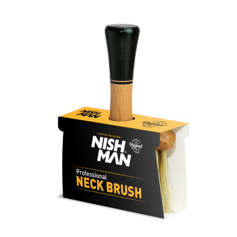 Nishman Neck Brush with wooden handle in cardboard packaging.