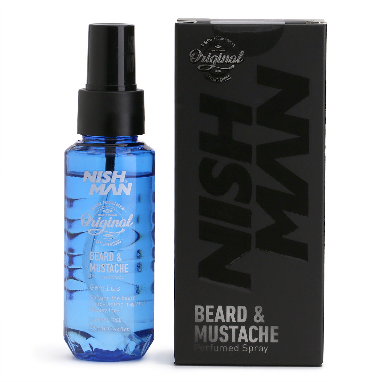 Genius-scent beard Perfume by Nishman, spray bottle and black carton