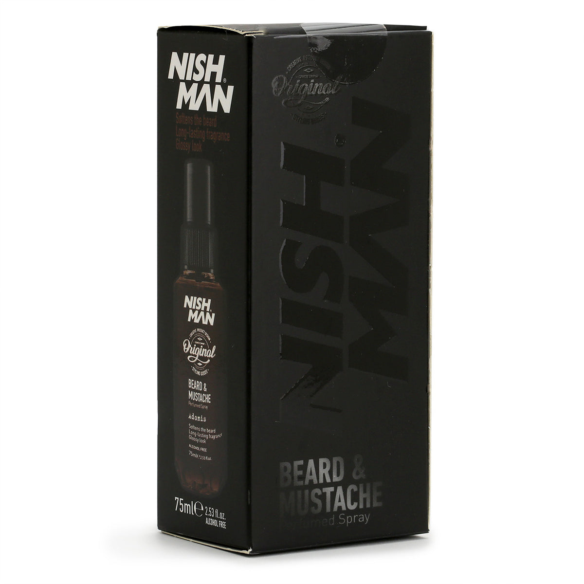 Black cardboard packaging for Nishman Perfumed Beard Spray, Adonis scent