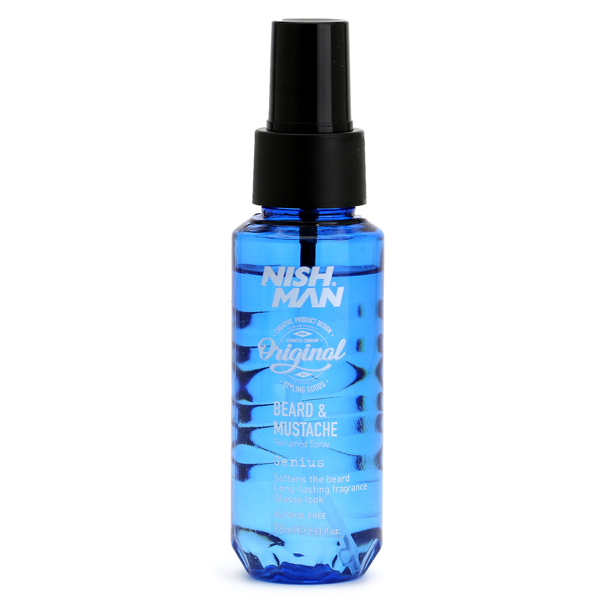 Nishman Perfumed Beard Spray, Genius, in a mainly-blue spray bottle