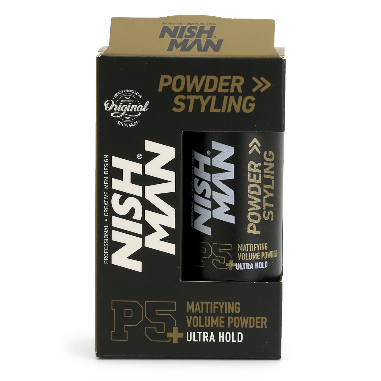 Nishman Powder Styling Ultra-Hold in it's canister and cardboard packagingthe colouring is mainly black with gold accents and lettering and white logo