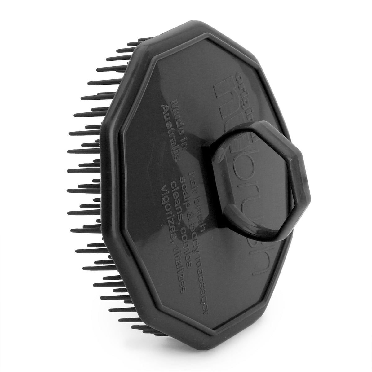 Black NuBrush showing the finger hole on the top and the bristles underneath