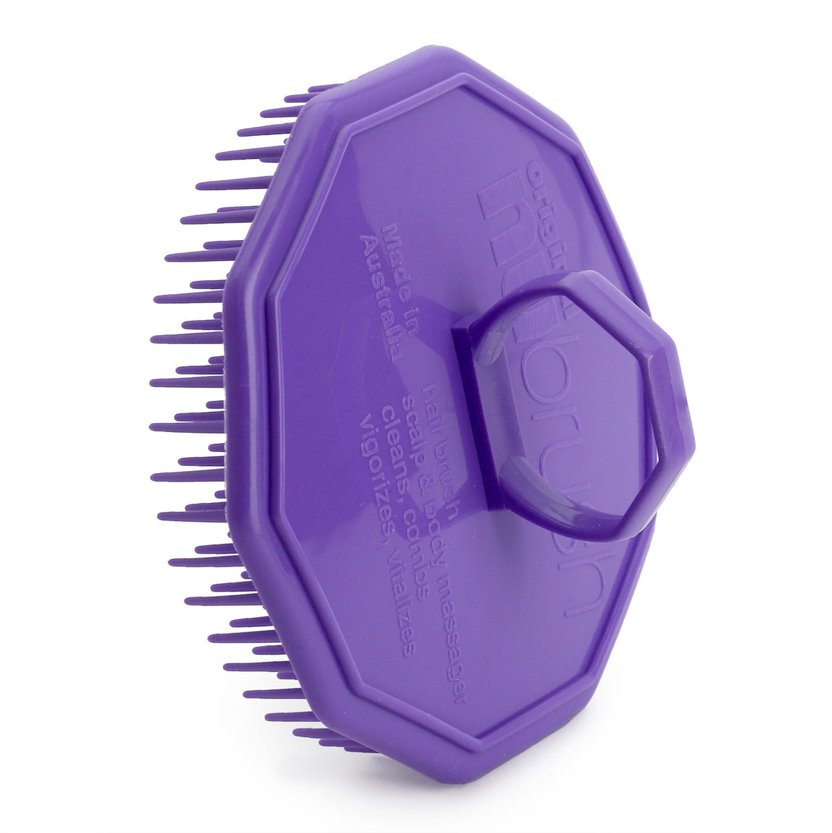 Purple NuBrush showing the finger hole on the top and the bristles underneath