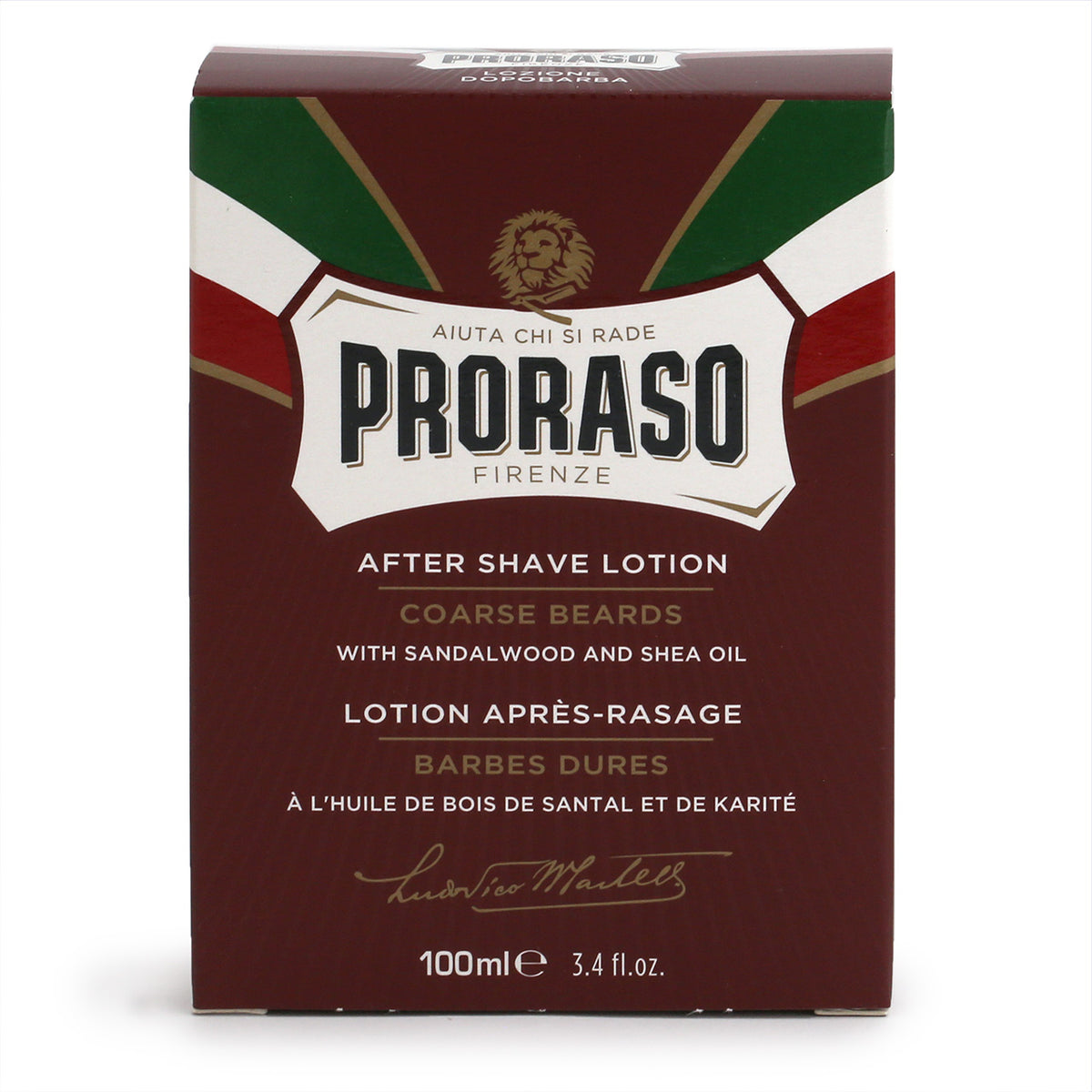 Proraso After Shave Lotion with Sandalwood and  Shea Oil for Course Beards, dark red box