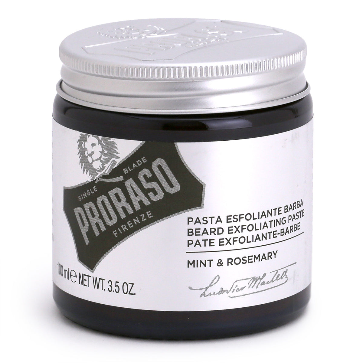 Proraso Beard Exfoliant with Mint and Rosemary in a glass jar with silver label and metal embossed lid.