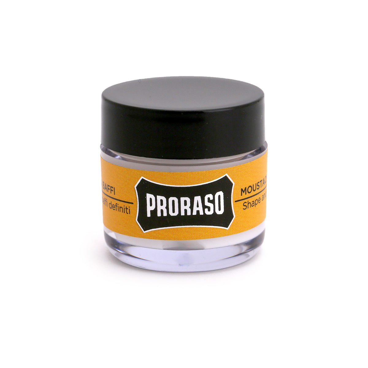 Proraso moustache Wax - Wood and Spice in a small glass jar with black lid. Front View