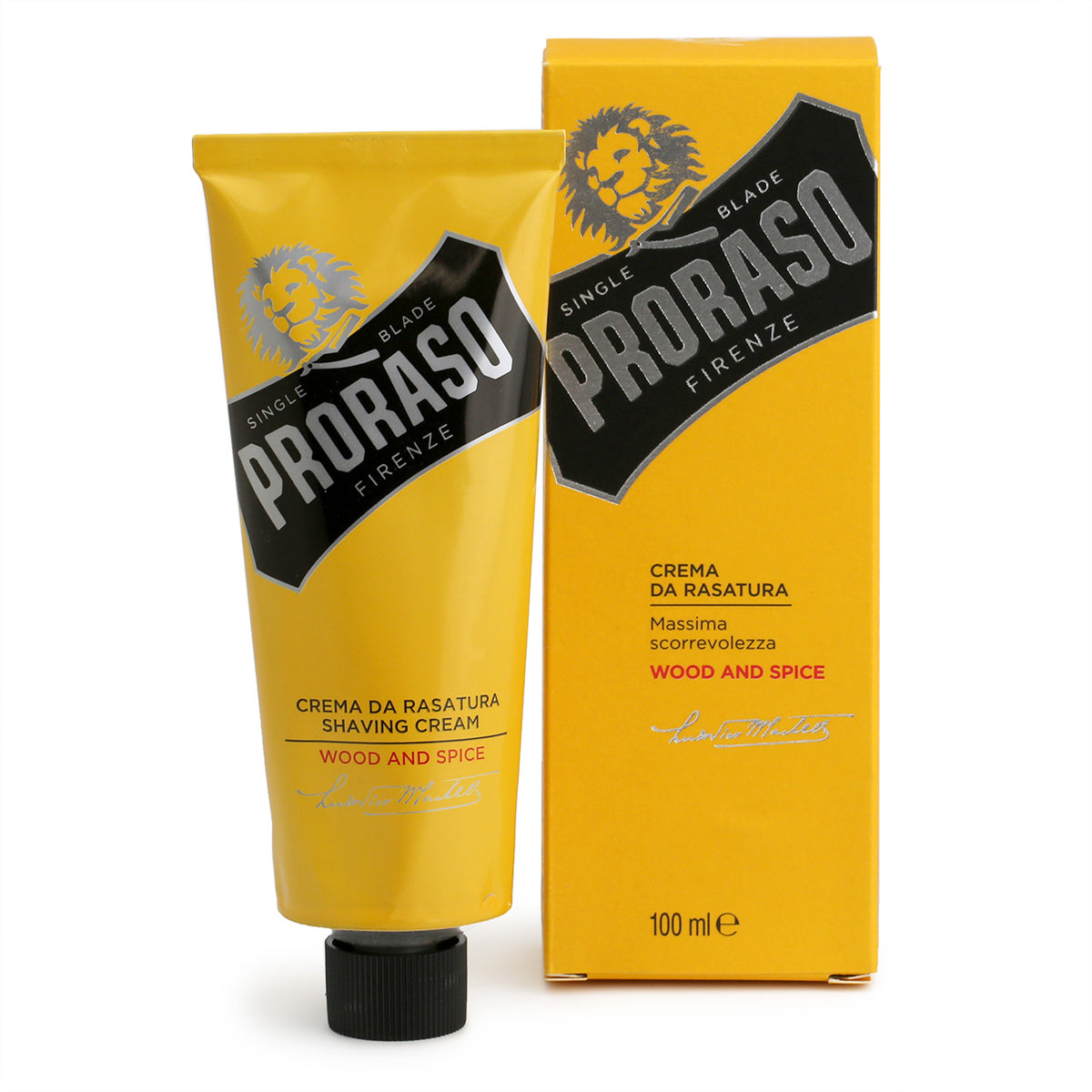Yellow metal tube of Proraso Wood and Spice Shaving Cream with yellow cardboard box