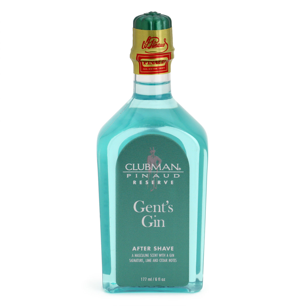 Clubman Pinaud Gin-scented blue aftershave in a retro bottle with gold seal