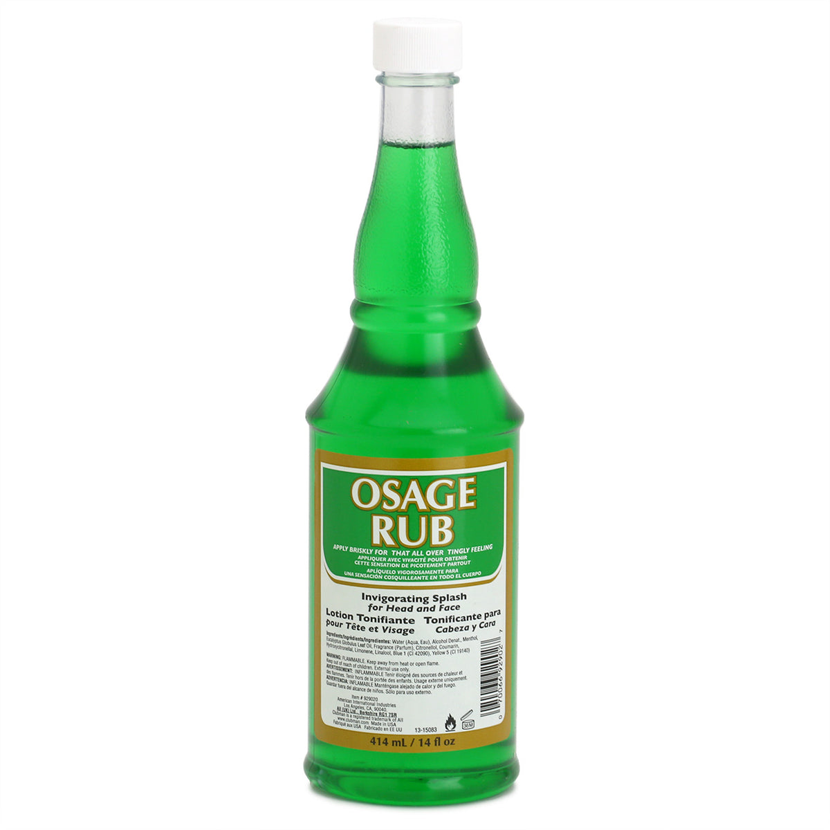 Osage Rub is a Green liquid in a tall bottle ready to splash 