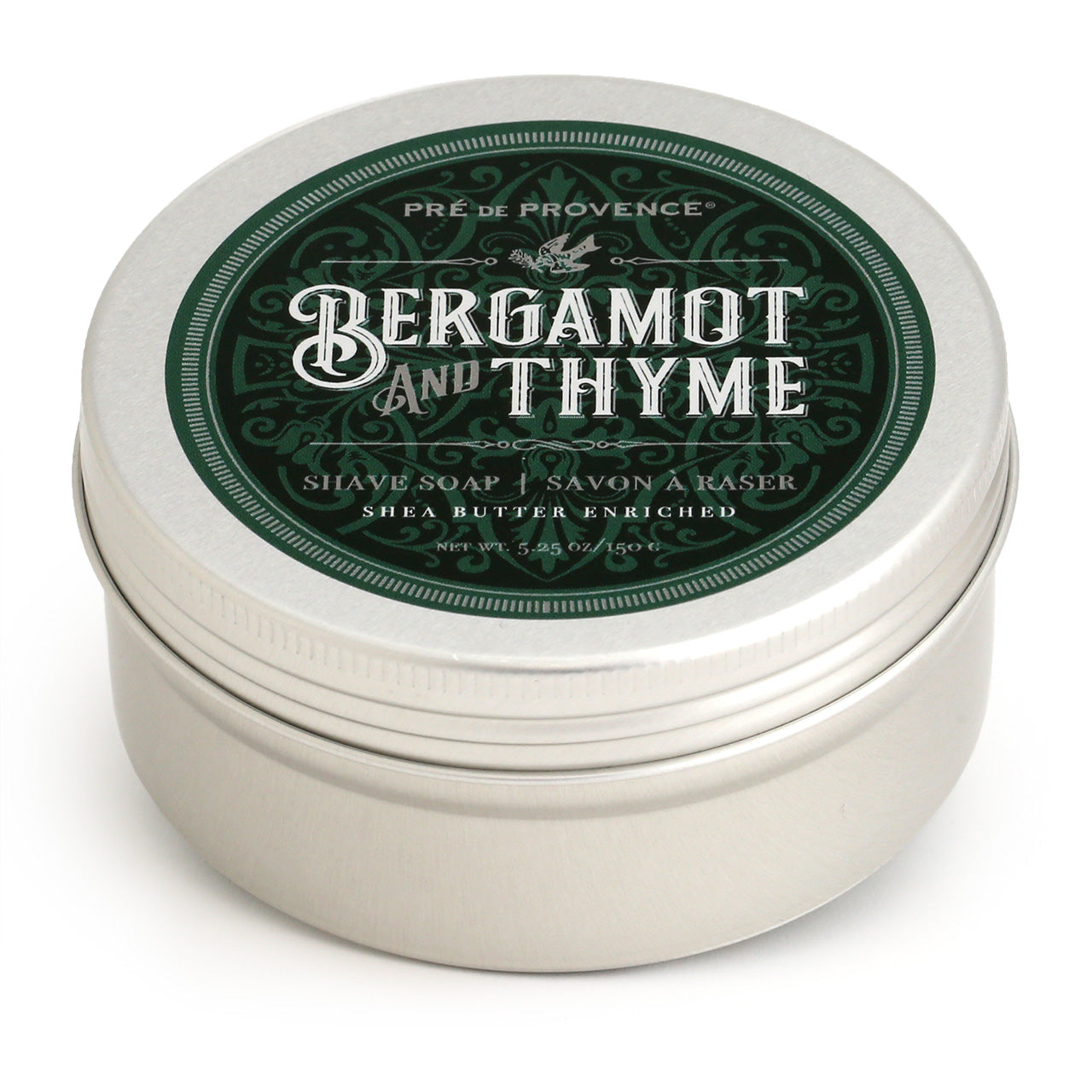 Pres de Provence Bergamot & Thyme shave soap tin, top view