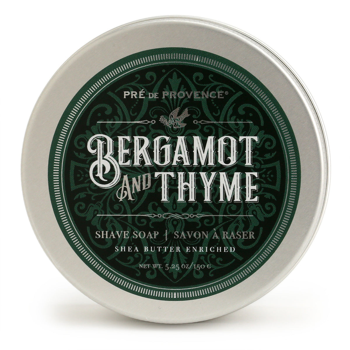 Pres de Provence Bergamot &amp; Thyme shave soap tin, top view