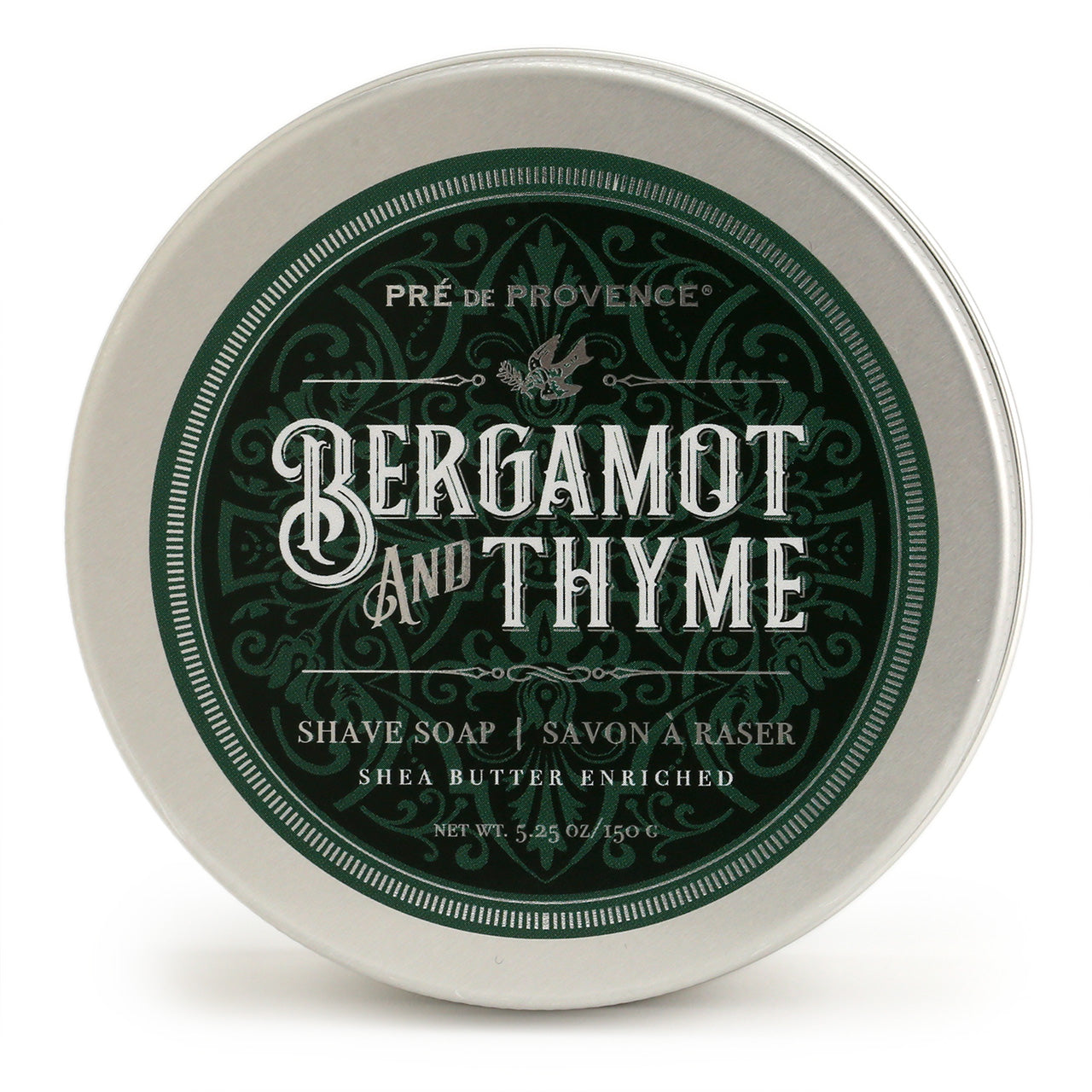Pres de Provence Bergamot & Thyme shave soap tin, top view