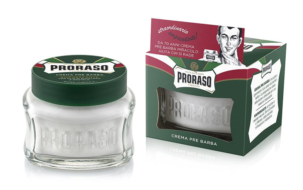 Proraso Pre-Shave Cream packaging and container, featuring a green and white design with text and a retro style illustration.