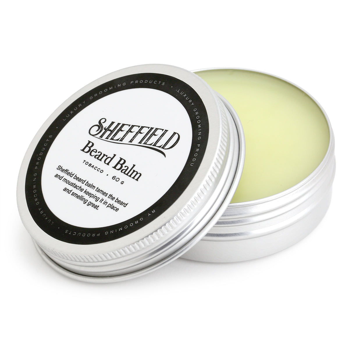 Sheffield Beard Balm 60g, Tobacco. Showing open tin with smooth light coloured balm. 
