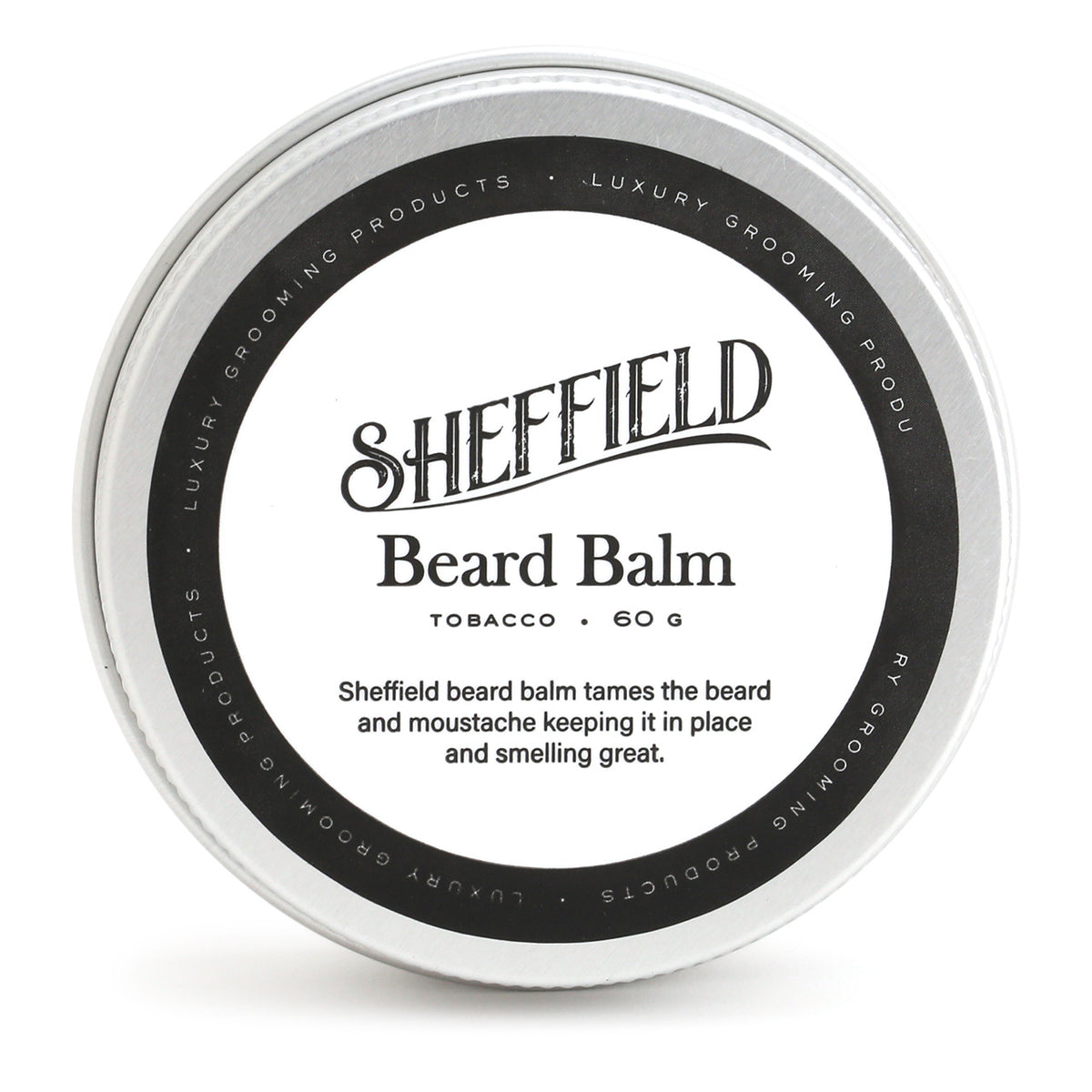 Sheffield Beard Balm 60g, Tobacco. Top view of tin