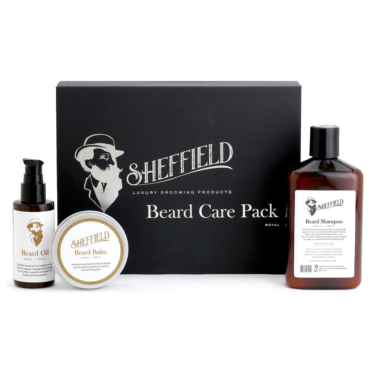 Sheffield Beard Care Gift Pack, with Beard Oil, Beard Balm and Beard Shampoo - Royal