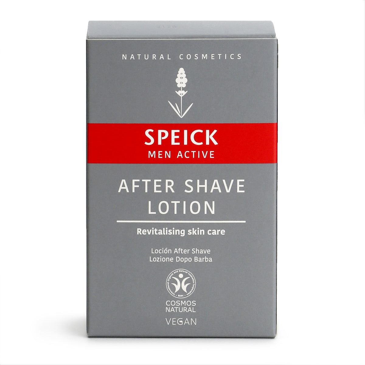 Speick Men Active After Shave Lotion box is mainly grey with a red encircling stripe under the white logo