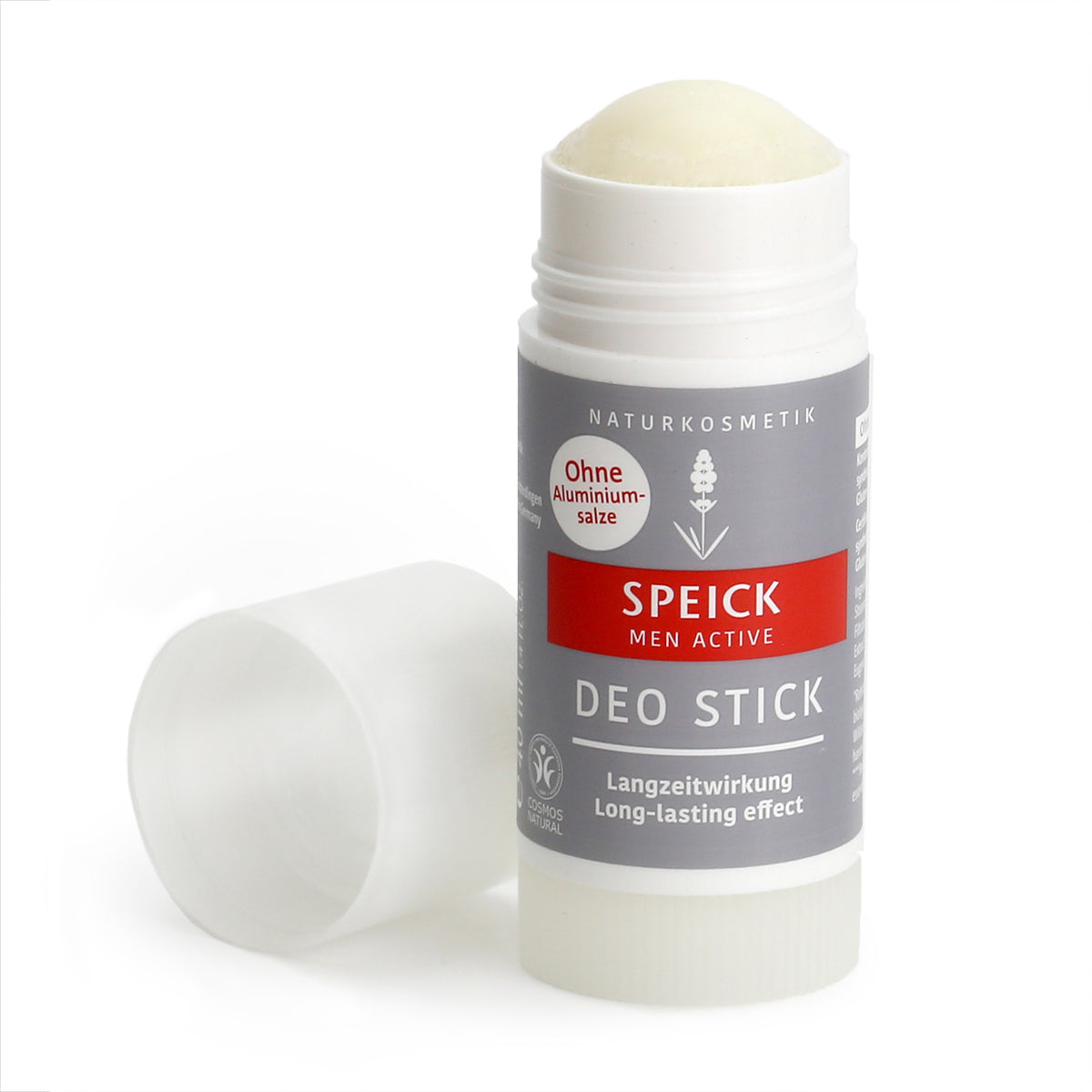 Speick Men Active deo stick with the lid removed to show the sphere shaped deodorant stick