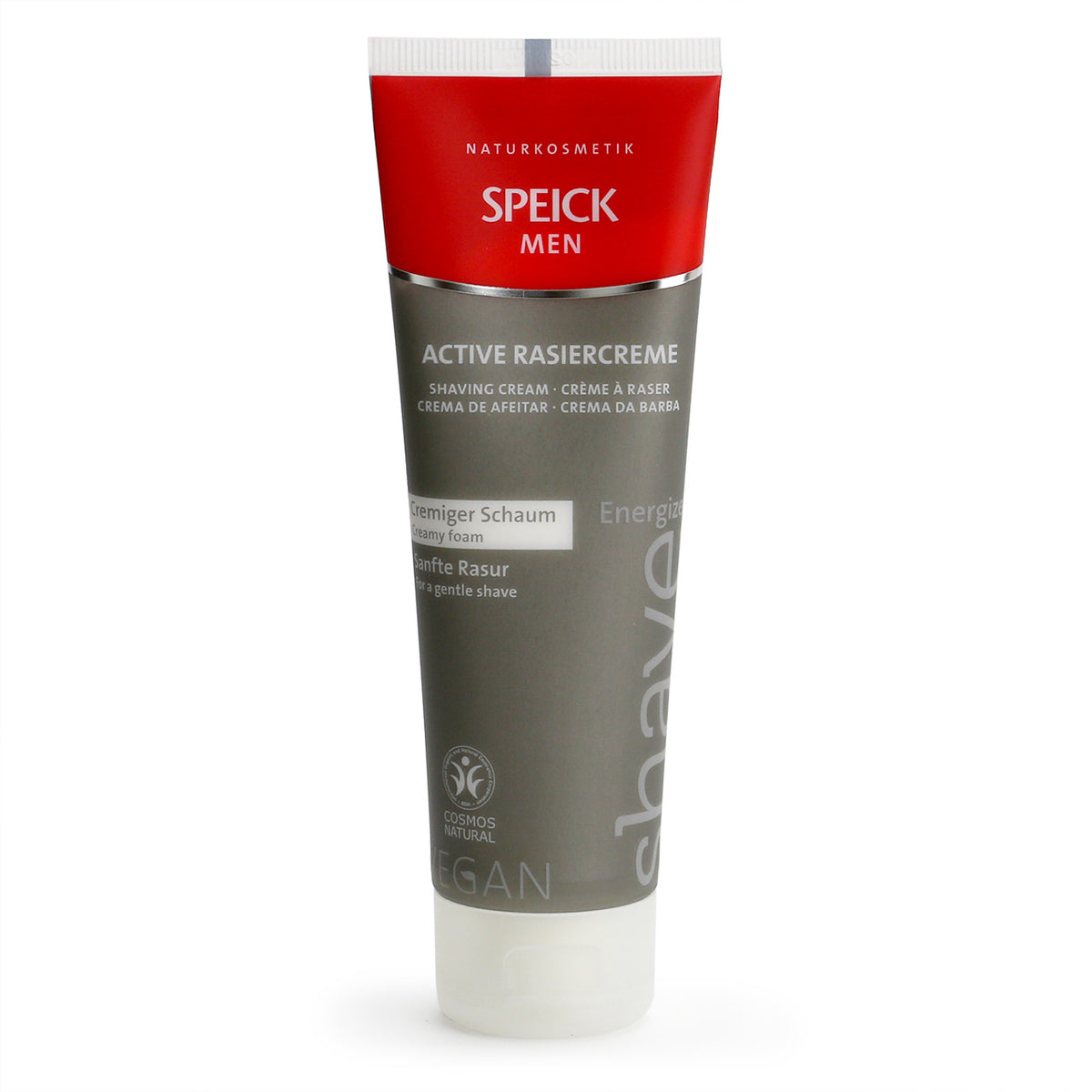 Speick Men Active shaving cream in a grey, red and white tube