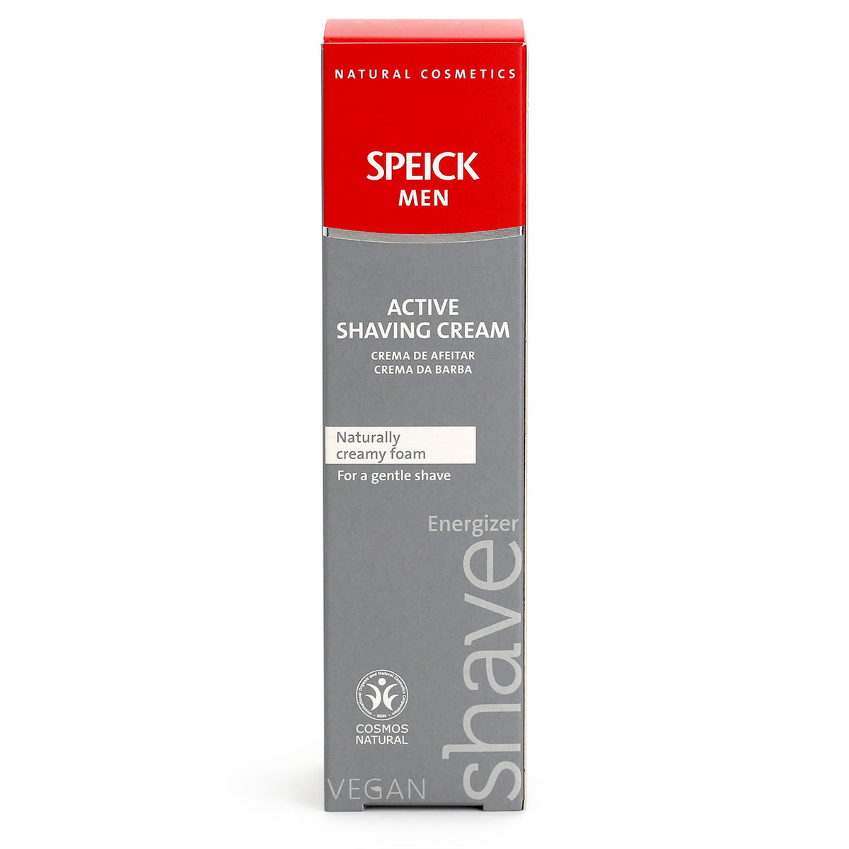 Speick Men Active Shaving Cream tube  - outer box in grey, red and white