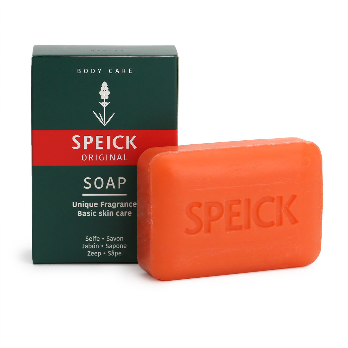Speick Original Soap in green and red box is a deep orange hard soap with embossed SPEICK on the face