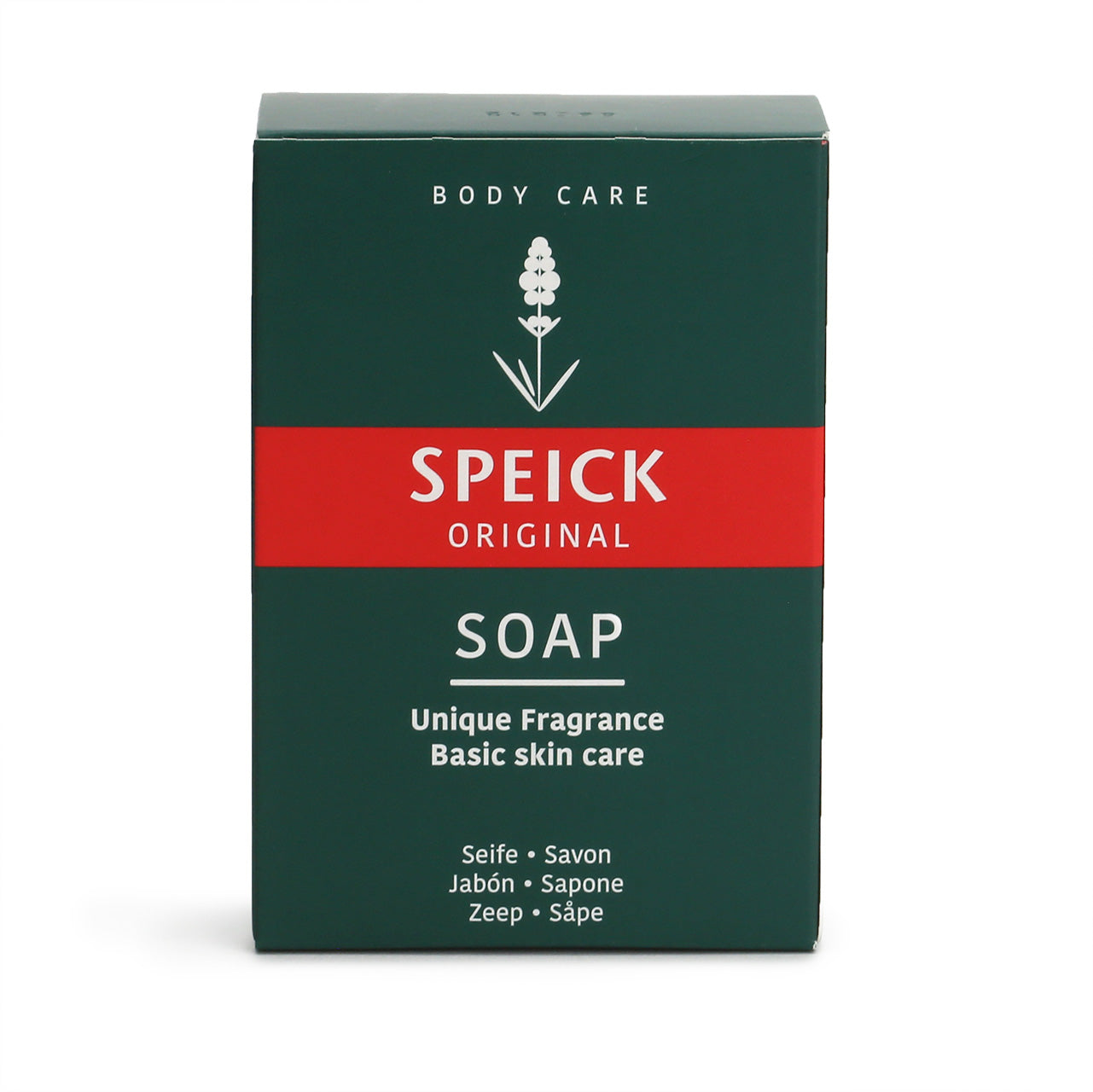 Speick Original Soap in green and red box is a deep orange hard soap with embossed SPEICK on the face