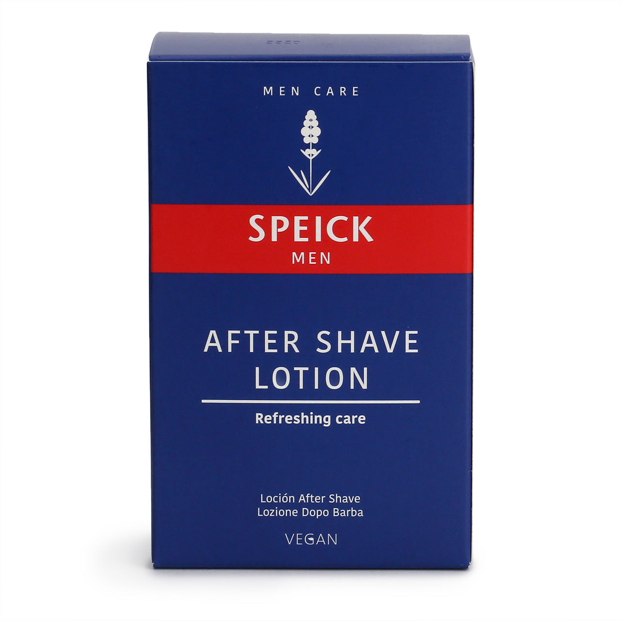 Speick Men After Shave Lotion in a clear bottle with silver lid and blue and red label with white logo and text. The bottle opening allows for splash-on