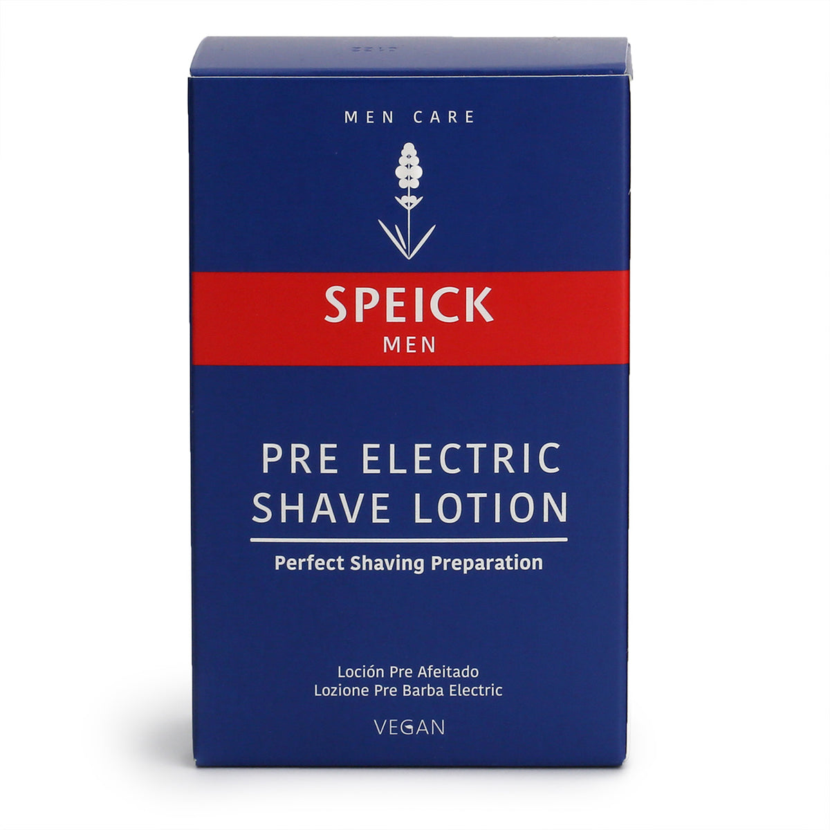 Speick Men Pre-Electric Shave Lotion outer packaging is blue and red with white text and logo