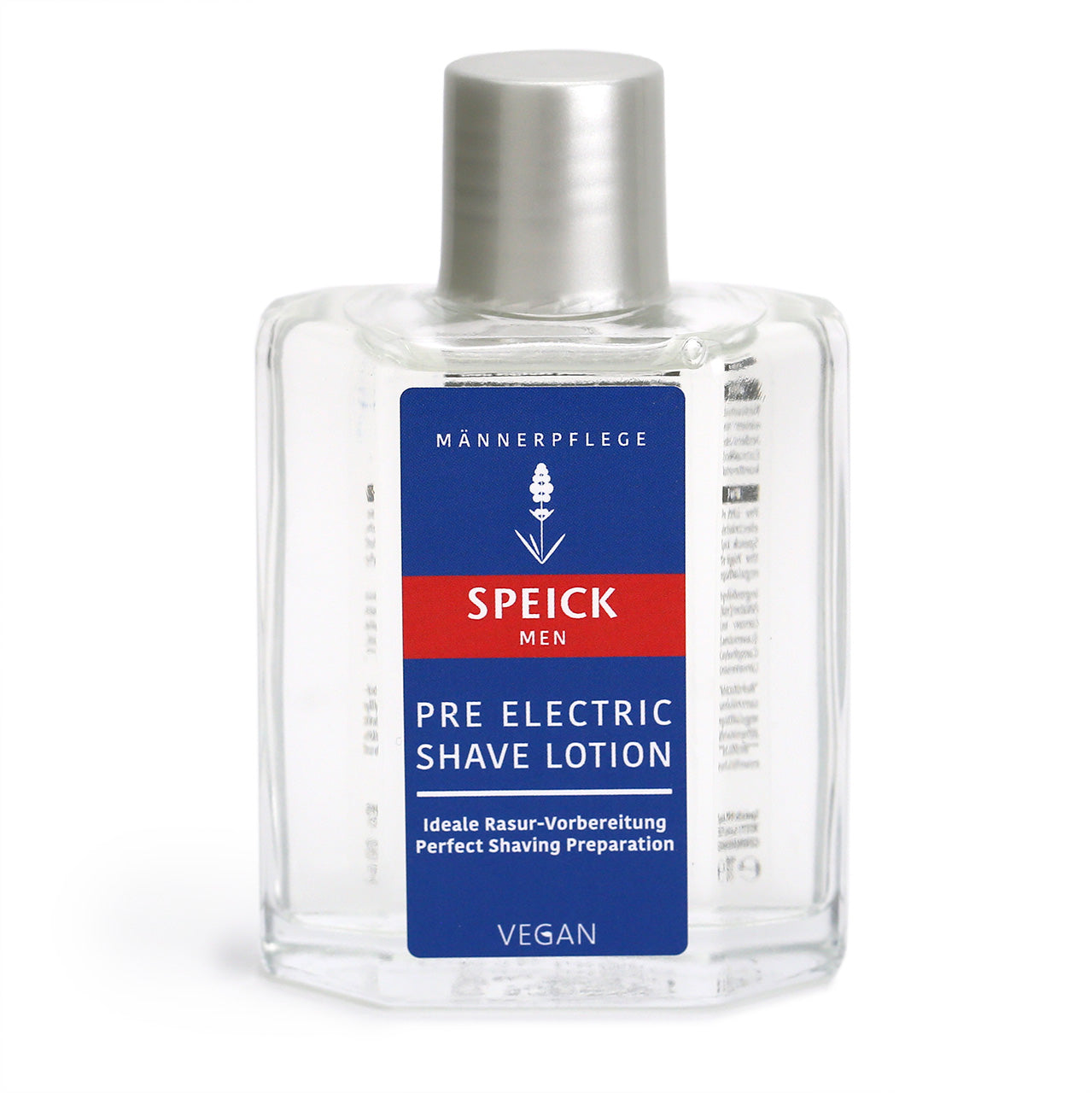 Speick Men Pre-Electric is a splash type solution for using on the face before shaving with an electric shaver. The bottle is clear with a silver lid and red and blue label