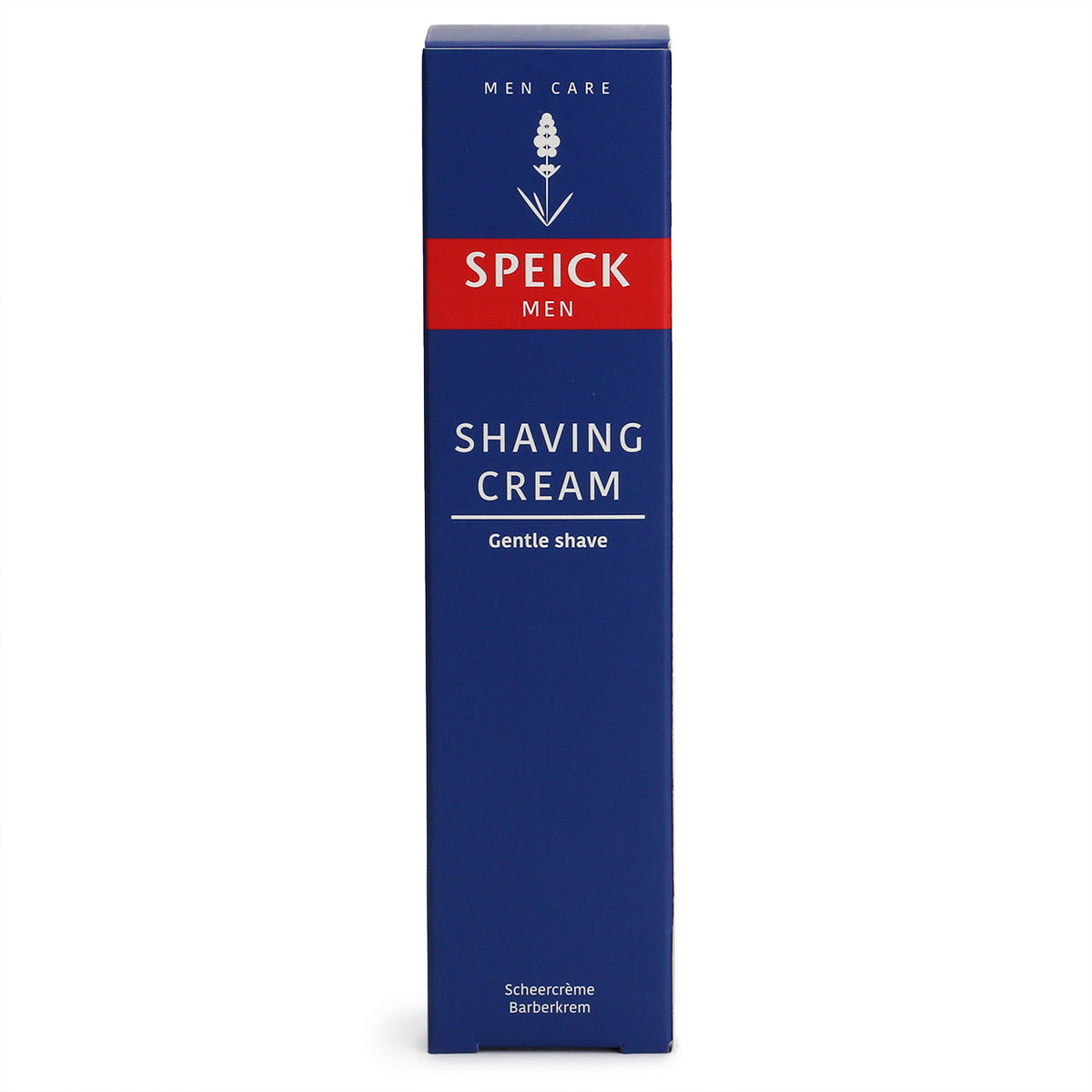 Speick Men Shaving Cream box is mainly blue with a red band and white logo