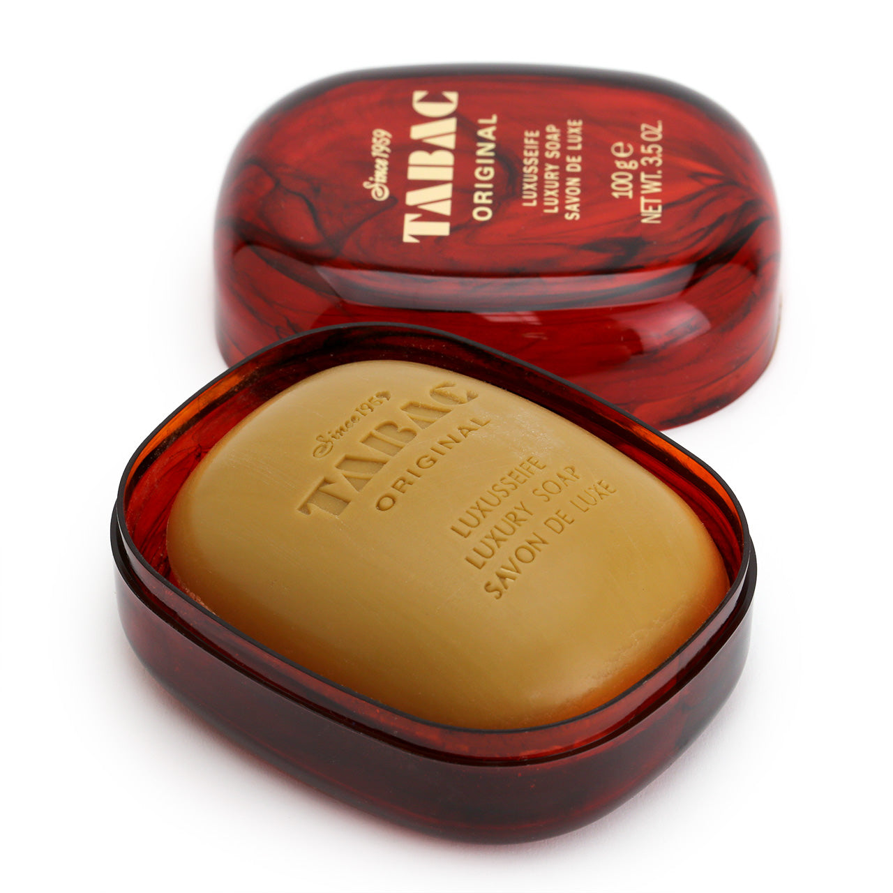Tabac Original Luxury Soap 100g in a tortoiseshell container
