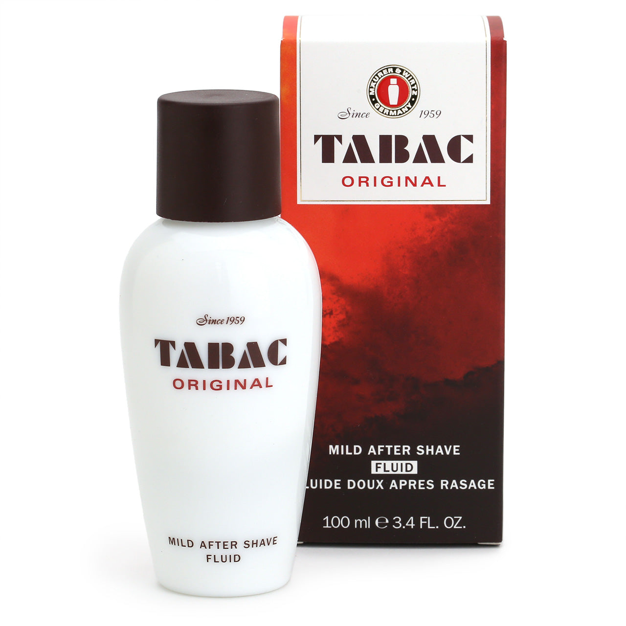 Tabac Mild Fluid After Shave 100ml in white glass bottle with box.