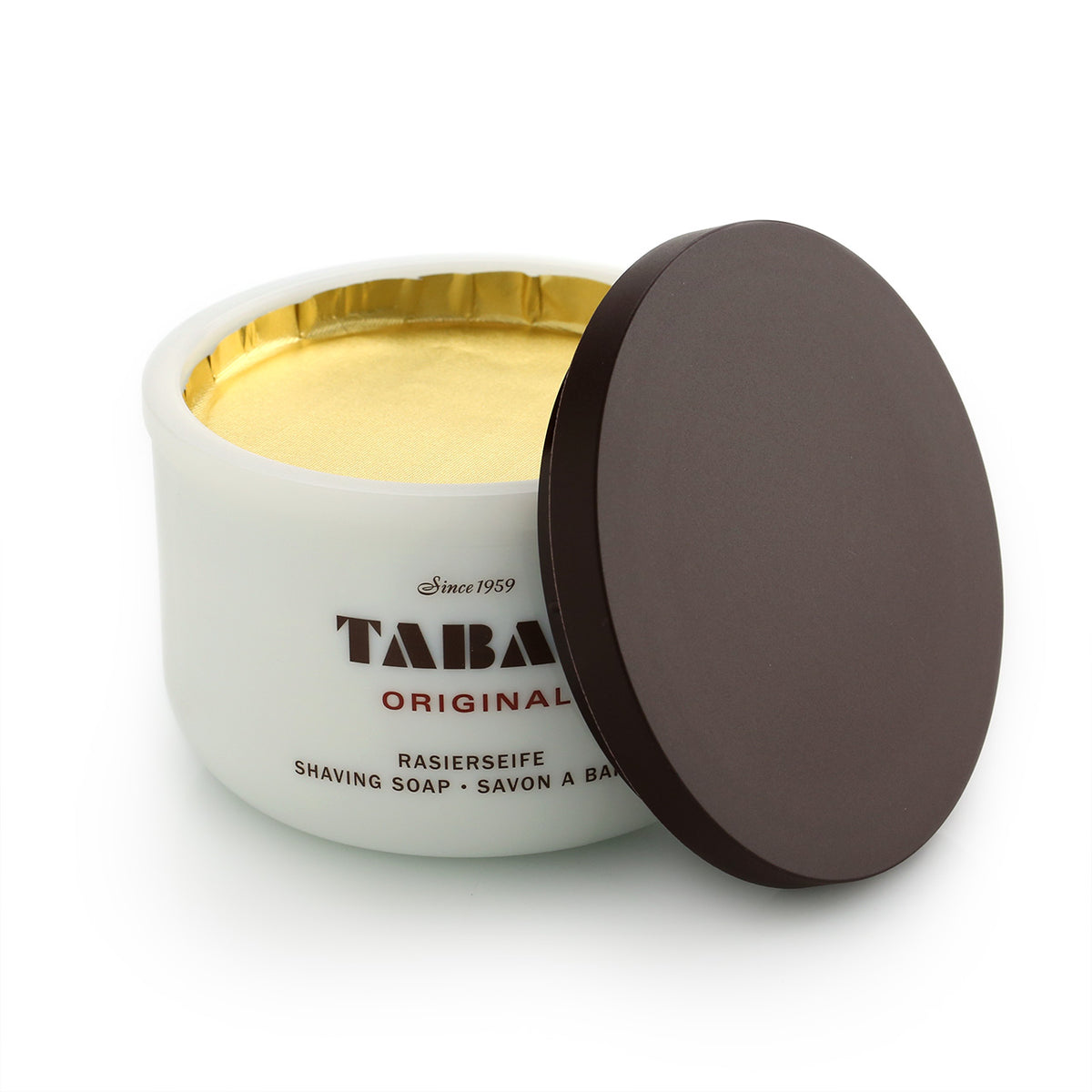 Tabac Original Shaving Soap in a white glass bowl - shown with foil protective packaging