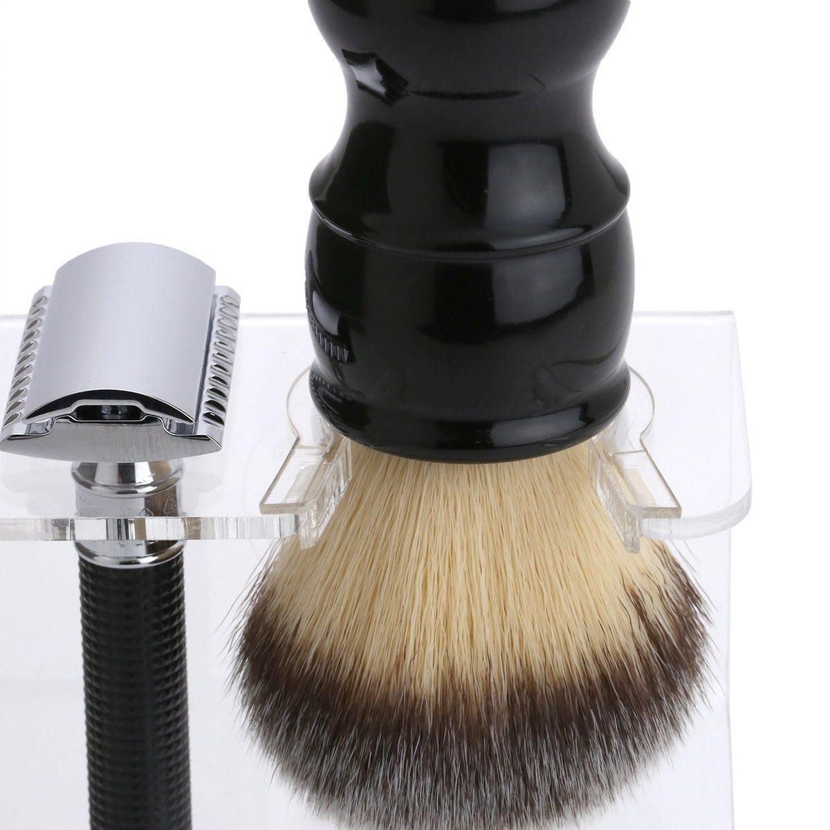 The Stray Whisker Triple Safety Razor and Brush Stand with Sizing Collar™