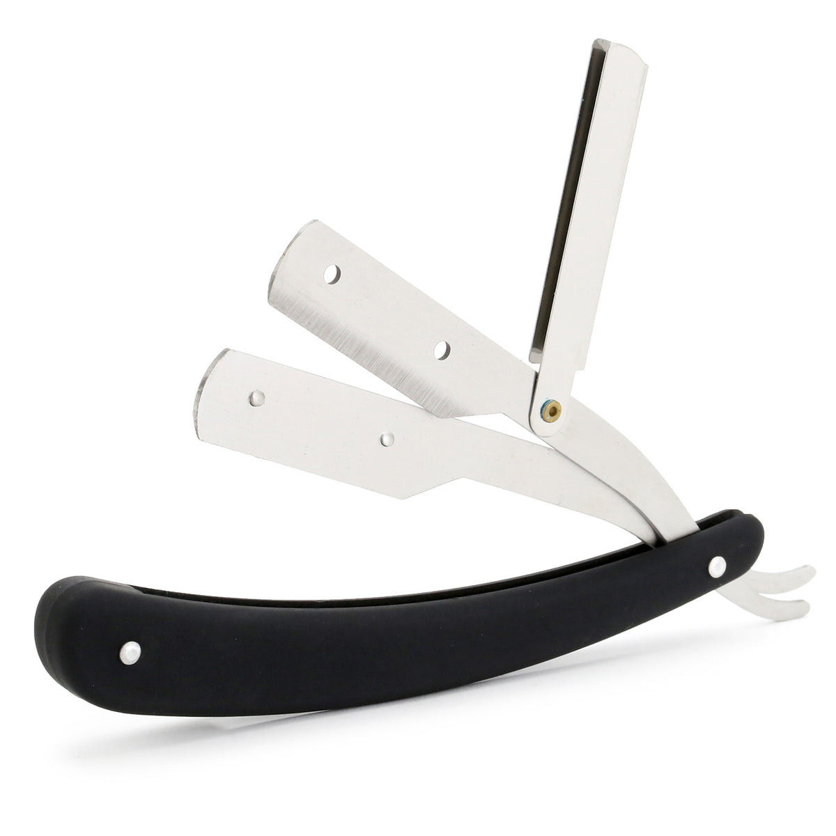 Black handles shavette fully opened to show the two arms which hold the blade and the final top folding cap which firmly holds it all together 