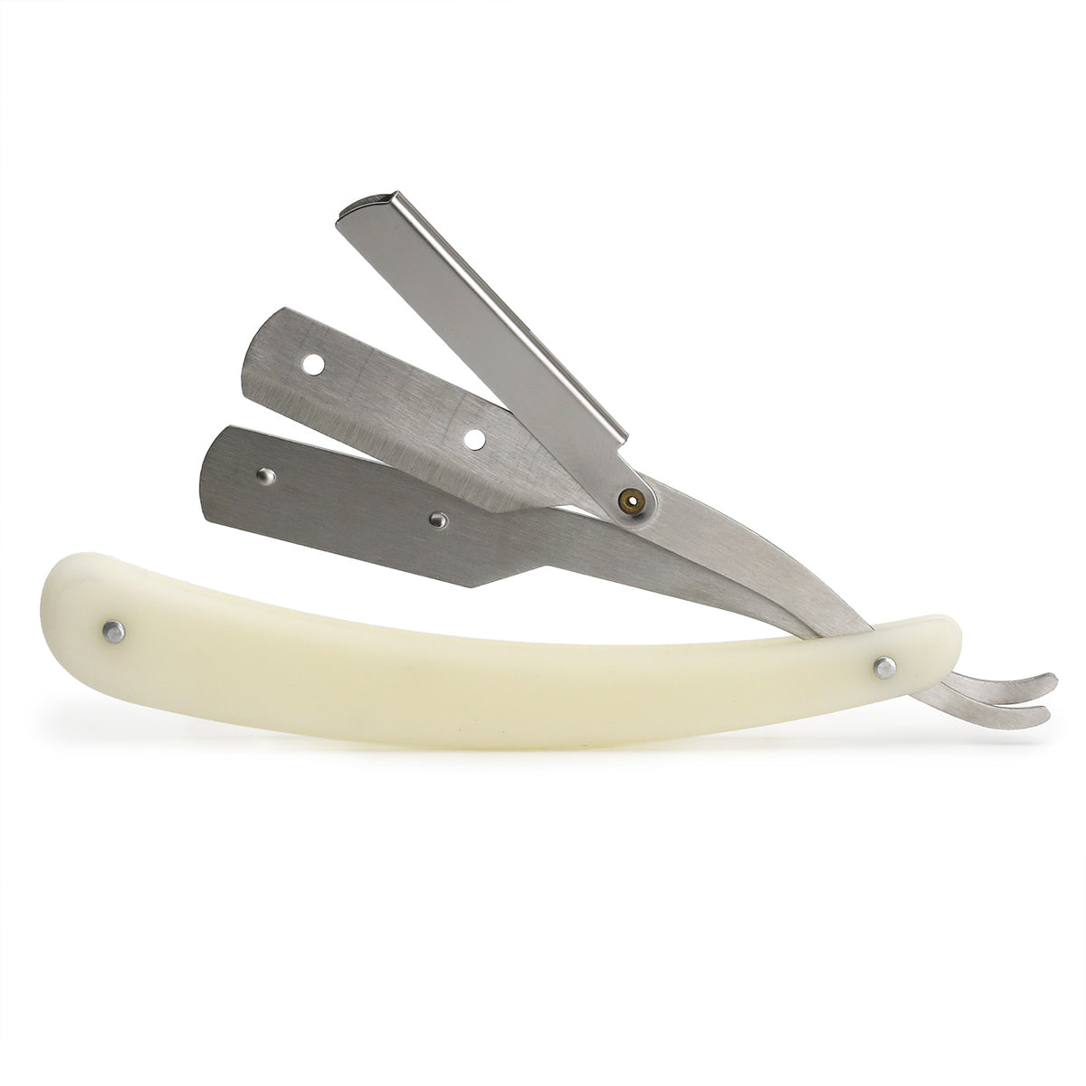 White handled shavette fully opened to show the two arms which hold the blade and the final top folding cap which firmly holds it all together 