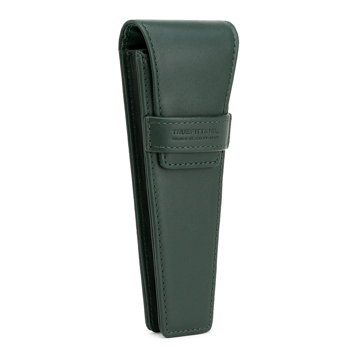 Dark Green Leather razor case by Truefitt and Hill is a tall triangular shape 