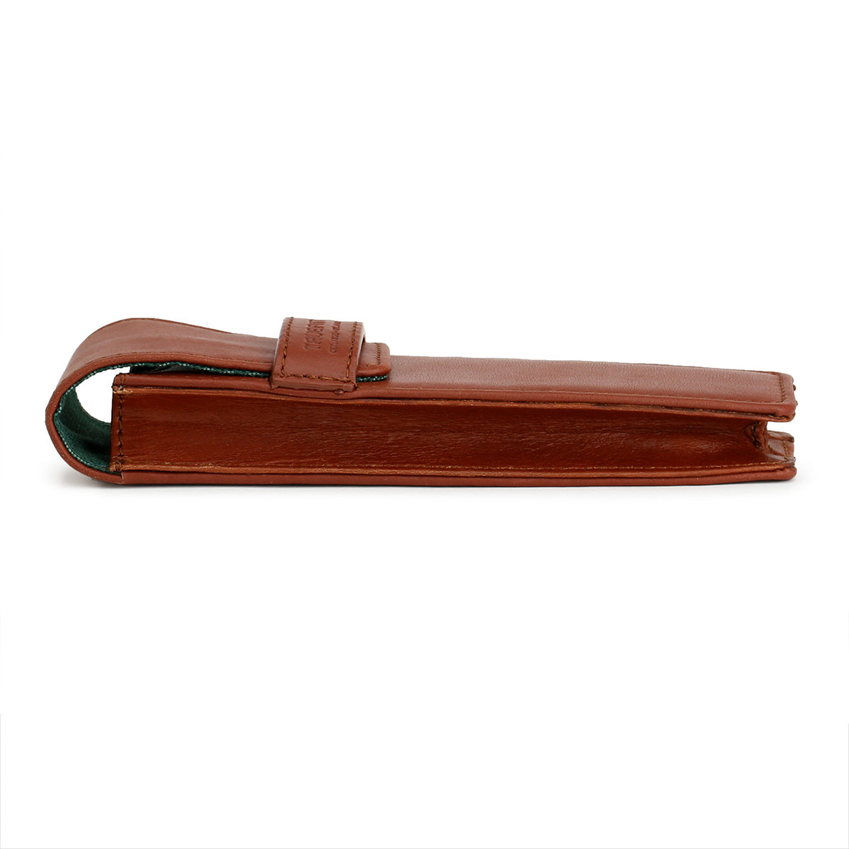 Tan Leather razor case by Truefitt and Hill, side profile showing the tucked cover