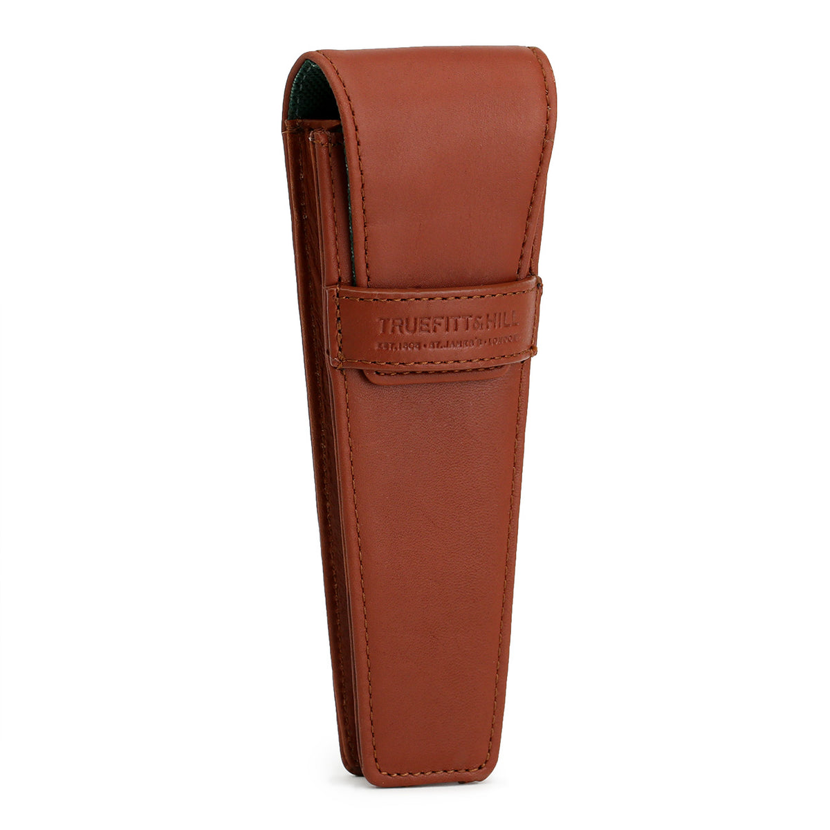 Tan Leather razor case by Truefitt and Hill, standing three-quarter angle
